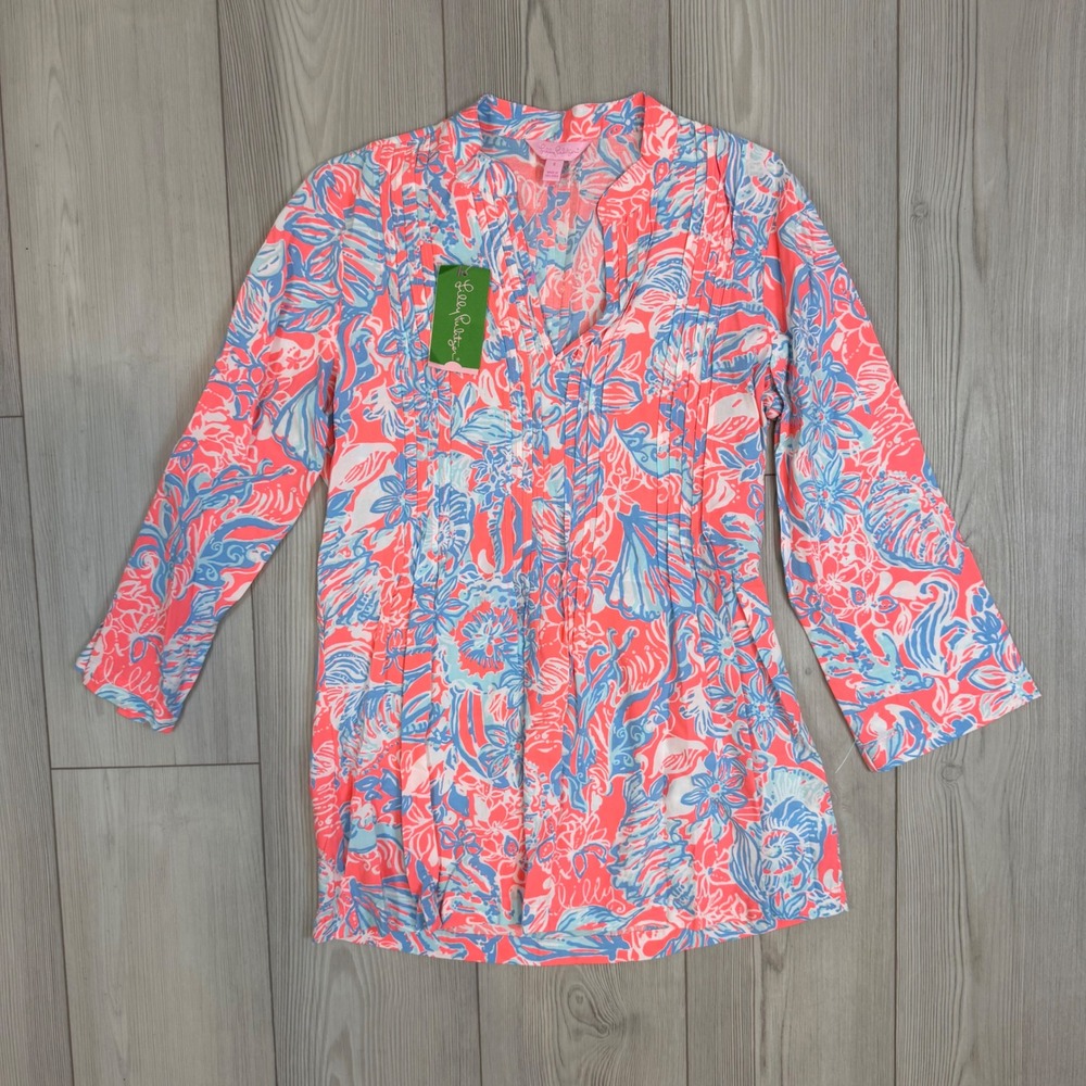 NWT Lilly Pulitzer Sarasota Tunic Pink Sun Ray Summer Siren Pintuck Rayon Top S